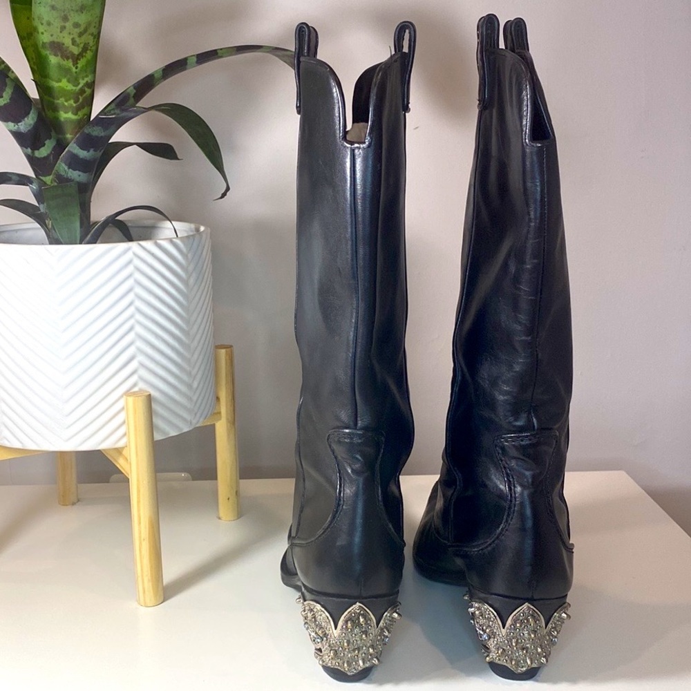 Giuseppe Zanotti Mid Calf Black Leather Cowboy Western Boots Embellished…